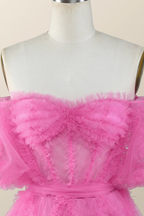 Schulterfreies, pinkes, kurzes A-Linien-Heimkehrkleid mit Rüschen Y2783