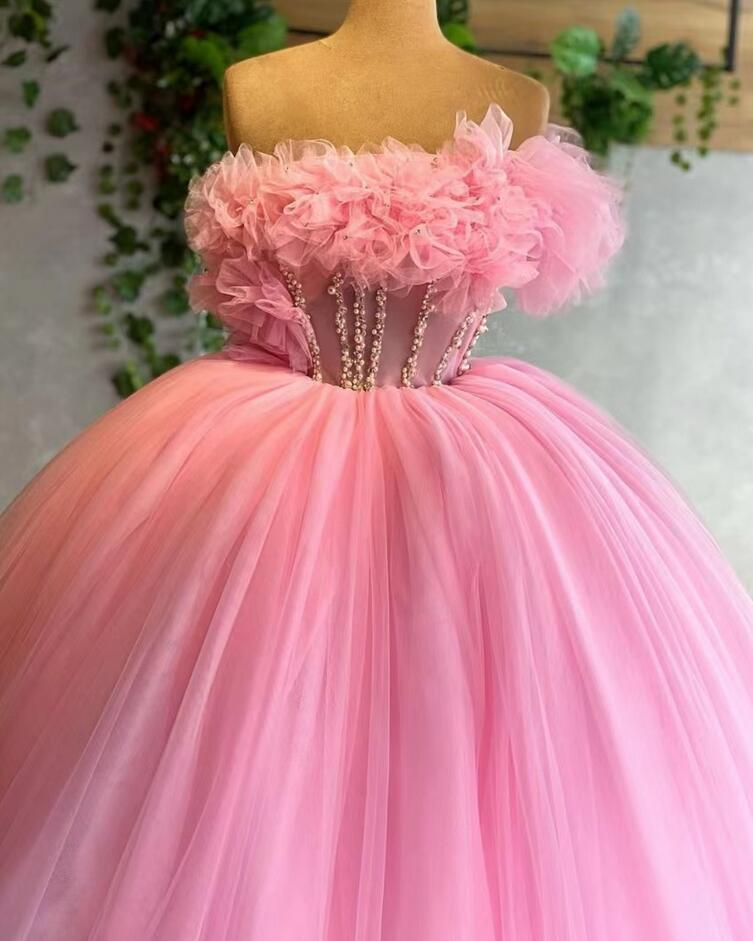 rosa Ballkleider, Rüschen-Ballkleider, Ballkleid, bauschige Ballkleider, Tüll-Abendkleider, neue Ankunft Abendkleider Y1492