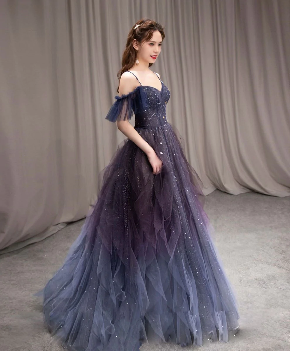Vestido de fiesta largo de tul morado con cielo estrellado oscuro, vestido de noche de corte A Y924
