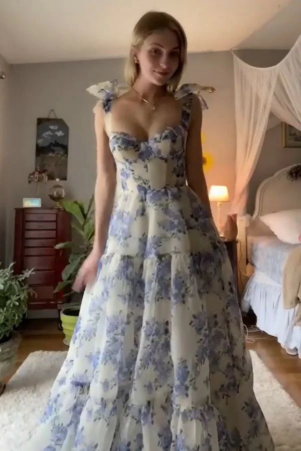 Vestido de fiesta largo con estampado floral azul de corte A, vestido de noche azul Y2560