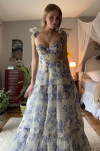 Vestido de fiesta largo con estampado floral azul de corte A, vestido de noche azul Y2560
