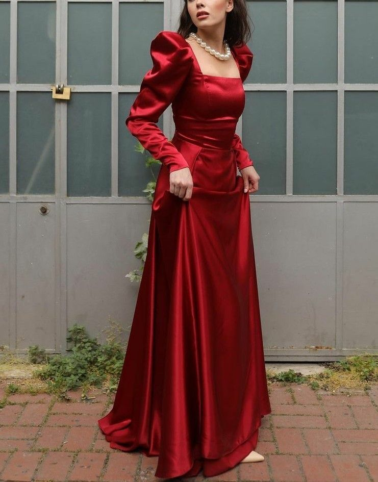 Elegante vestido de noche formal burdeos con mangas largas Y4727