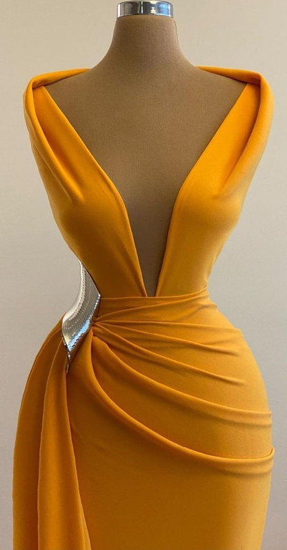 Vestido de fiesta de sirena amarillo con escote en V profundo, sexy, de noche, para cóctel, fiesta, cola larga, para ocasiones formales, Y4931