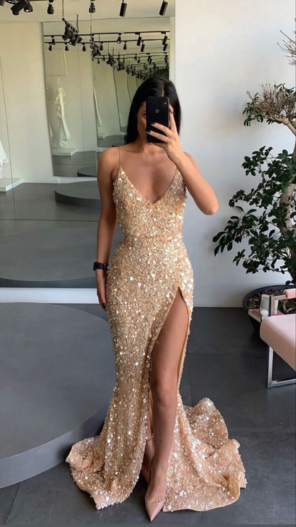 Gold Verlobungskleid Spaghettiträger Ballkleid Beinschlitz Pailletten Abendkleid Y71