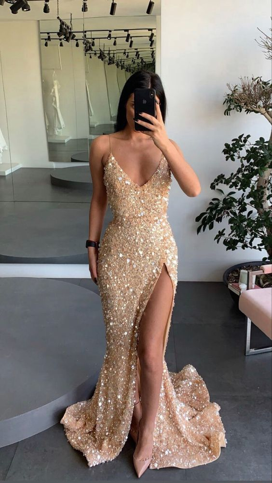 Gold Verlobungskleid Spaghettiträger Ballkleid Beinschlitz Pailletten Abendkleid Y71