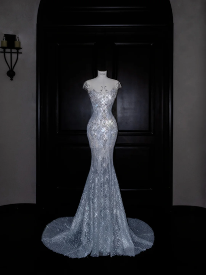 Hermoso vestido de noche de sirena con lentejuelas y cuentas de tul azul Y8690