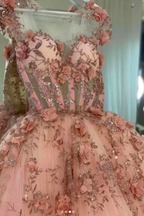 Vestido de fiesta con apliques de flores rosa ruborizado, vestidos de fiesta de tul de corte A, vestidos de quinceañera Y388
