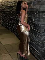 Vestidos de noche negros dorados sin espalda para chicas, vestidos de fiesta Y4128