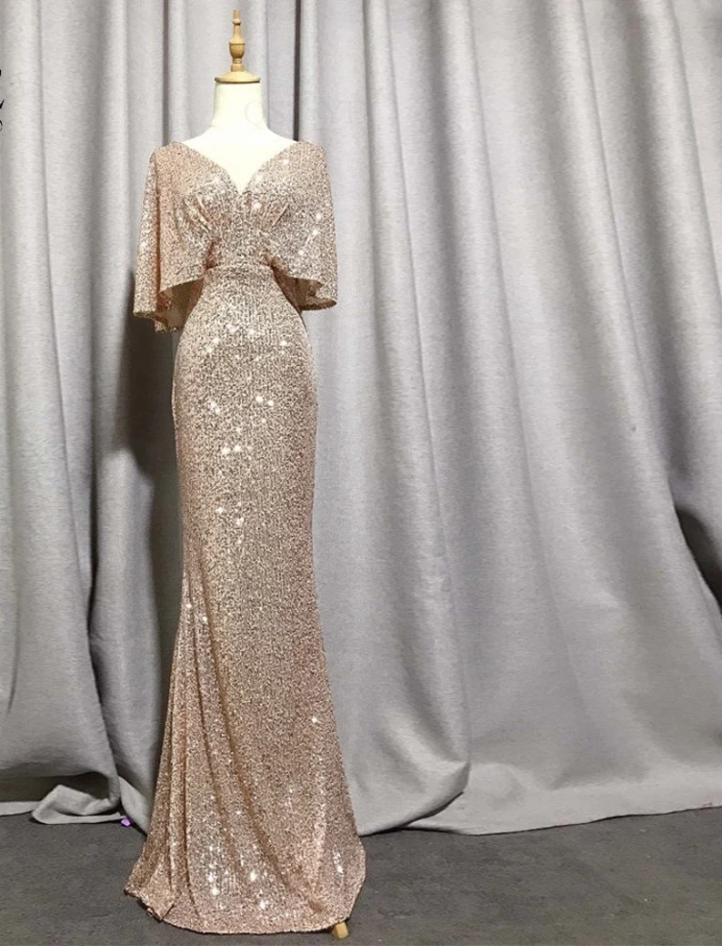 Vestido de noche sexy de sirena con escote en V y mangas cortas, elegante vestido de fiesta formal con mangas murciélago y purpurina Y1390