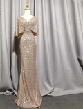 Vestido de noche sexy de sirena con escote en V y mangas cortas, elegante vestido de fiesta formal con mangas murciélago y purpurina Y1390