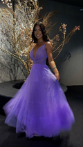 Vestido de noche morado largo con escote en V y corte A, Y5098