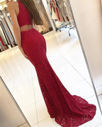 Elegante vestido de noche de sirena con encaje burdeos Y771