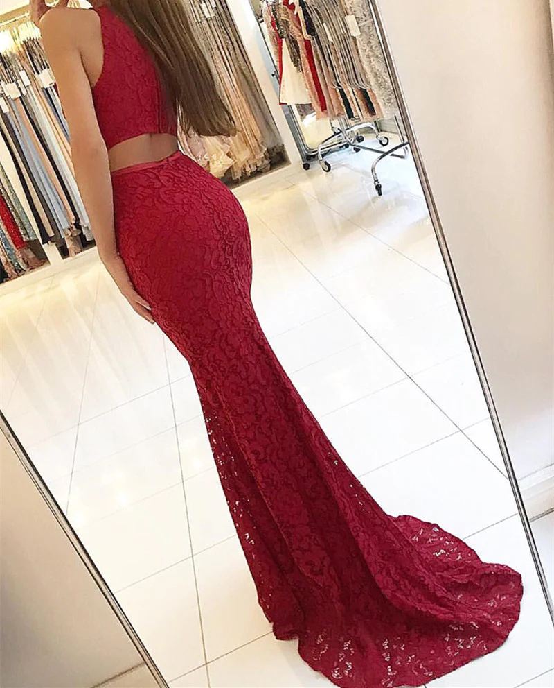 Elegante vestido de noche de sirena con encaje burdeos Y771