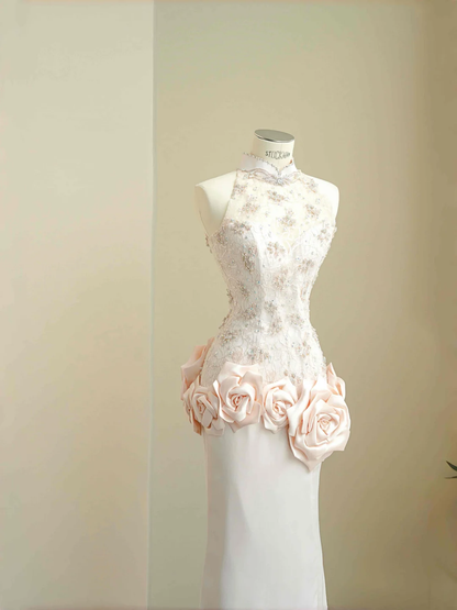 Elegante vestido de noche de satén rosa claro con encaje, lentejuelas y cuentas, corte sirena, vestido de fiesta Y8672