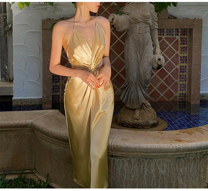 Sexy Neckholder V-Ausschnitt Partykleid Champagner Gold Abschlussball Abendkleid Y8211