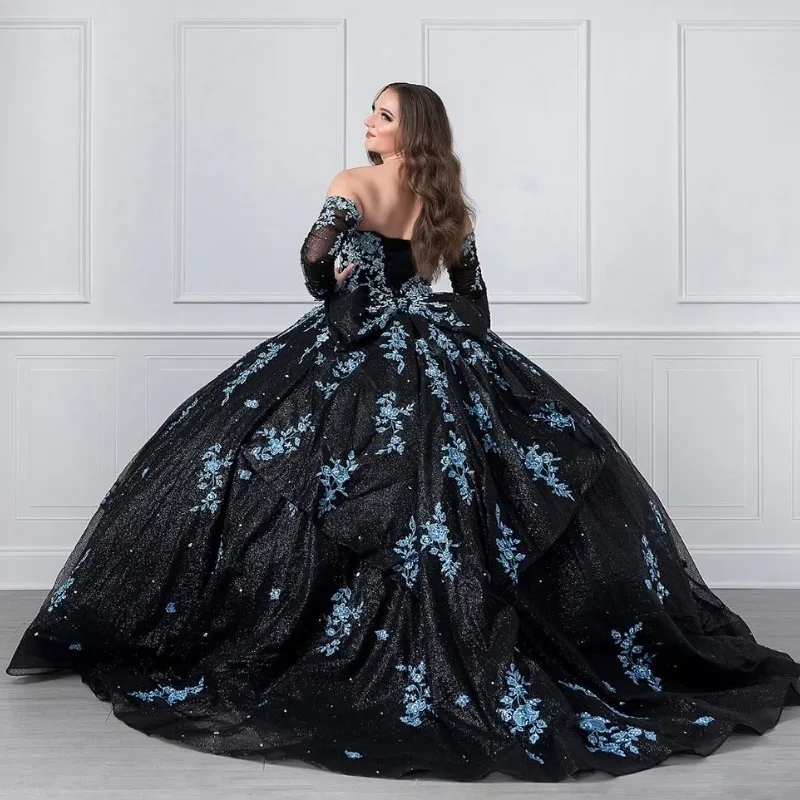 Vestido de quinceañera único en negro y azul claro, vestido de princesa, vestido de fiesta para dulces 16, Y4319