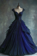 Elegante vestido de quinceañera de tul azul con encaje y corte en A, estilo formal, Y7797