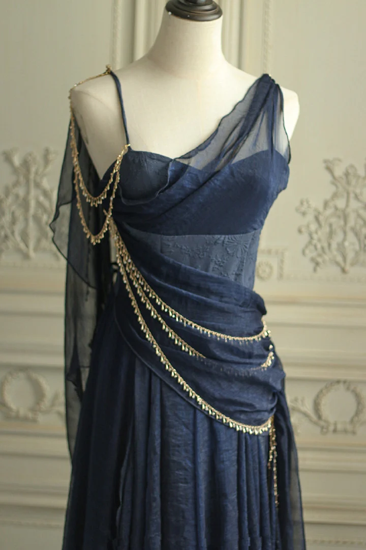 Vintage Marineblau Chiffon A-Linie Ballkleid Abendkleid Y8292