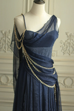Vintage Marineblau Chiffon A-Linie Ballkleid Abendkleid Y8292