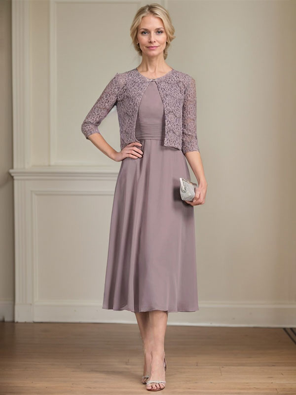 Vestido de gasa para madre de la novia con corte en A, escote redondo y largo hasta la rodilla con pliegues