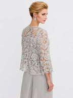 3-teiliger Chiffon-Hosenanzug mit quadratischem Ausschnitt und Jacke für die Mutter der Braut 