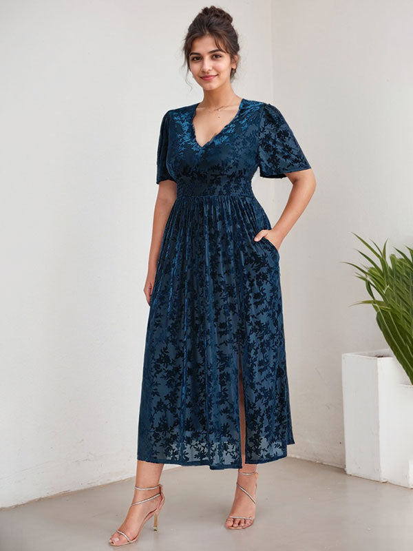 Vestido de terciopelo para madre de la novia, largo hasta la rodilla, con escote en V y corte en A, talla grande