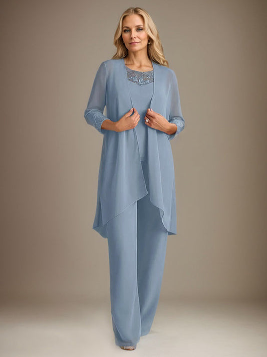 Chiffon-Hosenanzüge mit U-Ausschnitt und langen Ärmeln für die Mutter der Braut mit Jacke 