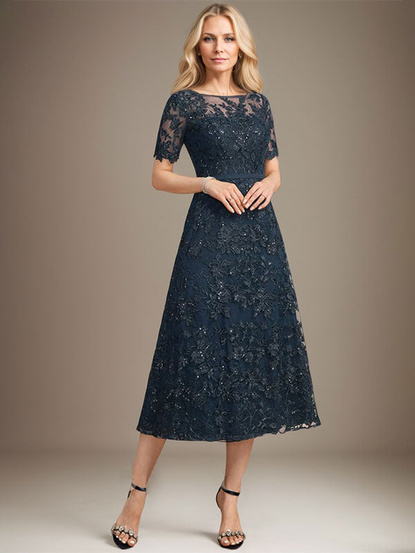 Vestido de madre de la novia de encaje con lentejuelas, corte A, escote ilusión y largo hasta la rodilla
