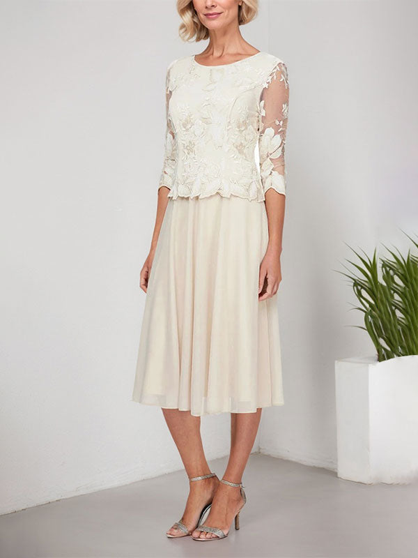 Vestido de gasa con encaje y bordado para madre de la novia, corte A, escote redondo y largo hasta la rodilla