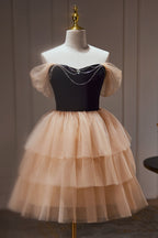 Schickes Champagner-Off-The-Shoulder-Tüll-Kurz-Heimkehrkleid mit Perlen 