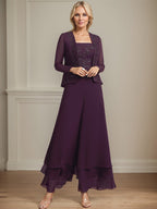 Vestido de madre de la novia de gasa con encaje y lentejuelas, largo hasta los tobillos, con mono/pantalón separado