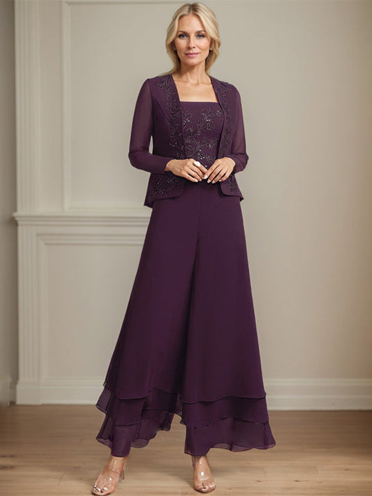 Separates Jumpsuit/Hosenanzug Quadratisches Knöchellanges Spitzenchiffonkleid für die Brautmutter mit Pailletten 