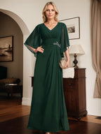 Vestido de gasa para madre de la novia, con escote en V, largo hasta el suelo, con lentejuelas plisadas y abalorios