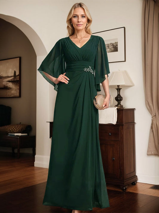 Etui-Linie/Säule V-Ausschnitt Bodenlang Chiffon Kleid für die Brautmutter mit Plissee Pailletten Perlenbesatz