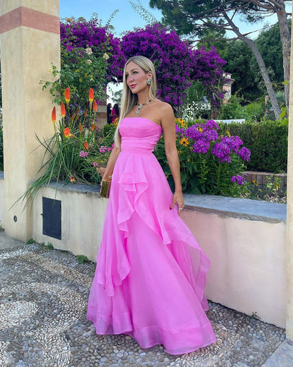 Elisa | Vestido de fiesta de organza rosa claro, corte A, sin tirantes