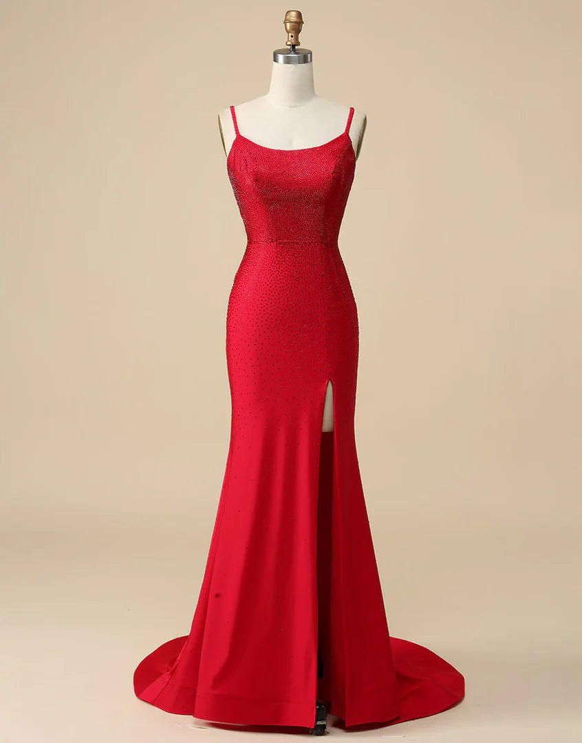 Royal Blue Beaded High Slit Mermaid Prom Dress SYP104