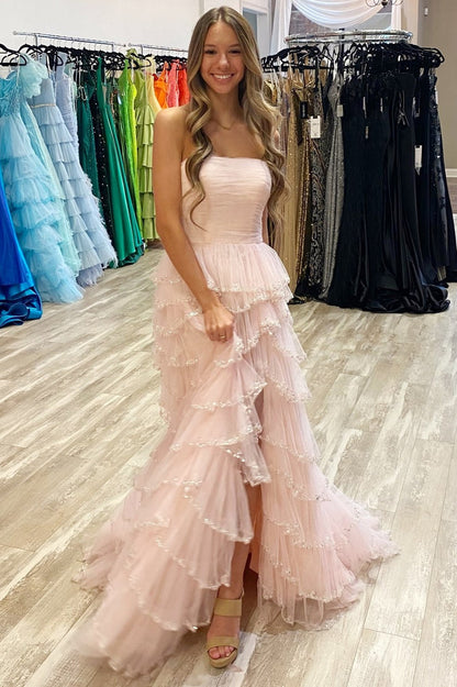 Braelyn | Hellblaues trägerloses Ballkleid aus mehrlagigem Tüll mit Pailletten