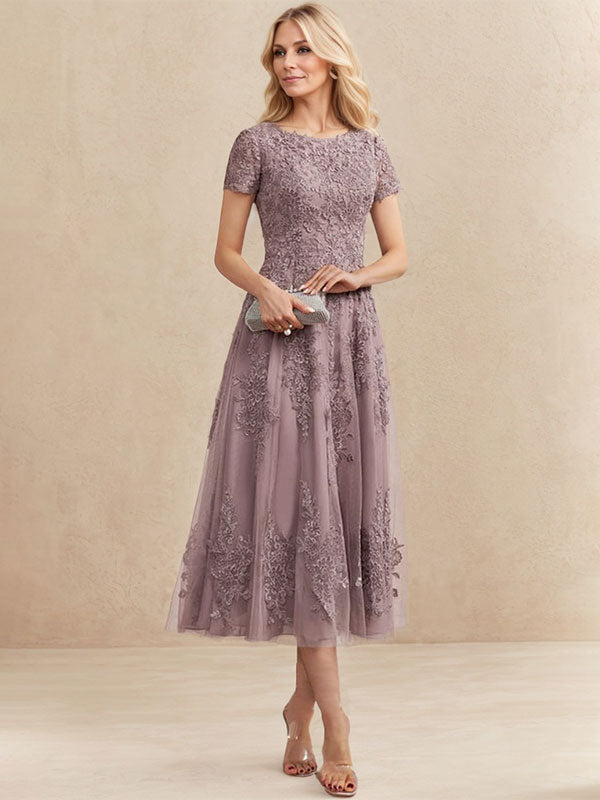 Vestido de madre de la novia de tul con encaje y corte en A, largo hasta la rodilla