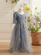 Salbeigrünes Blumenmädchenkleid aus Stoff mit U-Ausschnitt und Tüll (2003227581) 