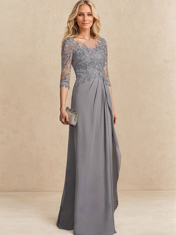 Vestido de gasa para madre de la novia con encaje, corte A, escote redondo, ilusión, largo hasta el suelo, con lentejuelas y abalorios y volantes en cascada