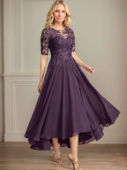 Vestido de madre de la novia de gasa asimétrica con encaje, ilusión, corte A y lentejuelas