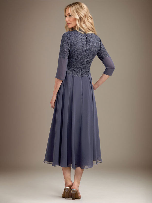 A-Linie V-Ausschnitt Wadenlanges Chiffon-Spitzenkleid für die Brautmutter mit Perlenbesatz