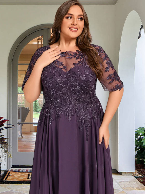Vestido de madre de la novia de gasa asimétrica con encaje, ilusión, corte A y lentejuelas