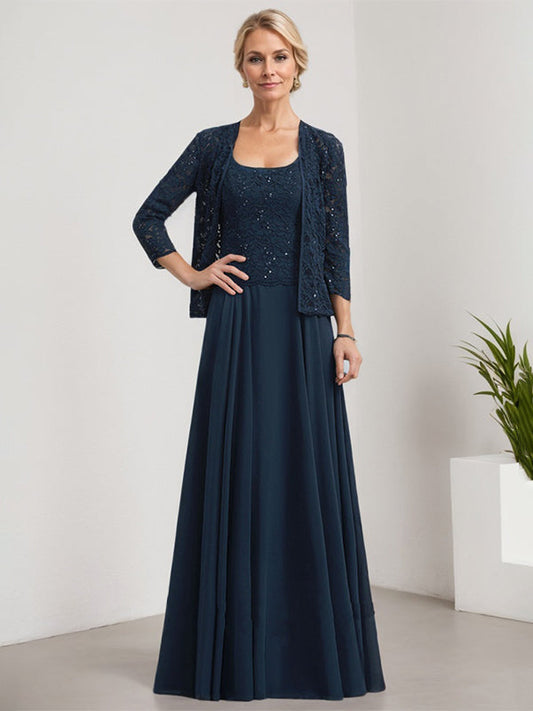 A-Linie Quadratisches Bodenlanges Spitzen-Chiffon-Kleid für die Brautmutter mit Pailletten 