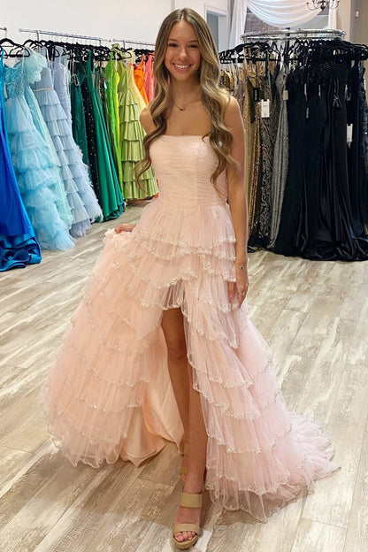 Braelyn | Hellblaues trägerloses Ballkleid aus mehrlagigem Tüll mit Pailletten