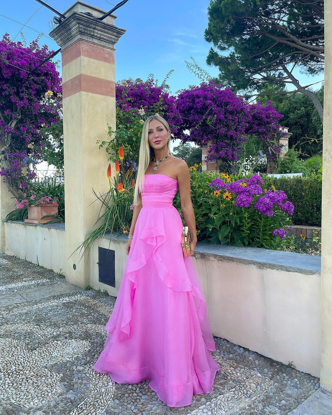 Elisa | Vestido de fiesta de organza rosa claro, corte A, sin tirantes