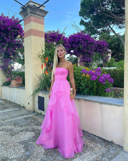 Elisa | Vestido de fiesta de organza rosa claro, corte A, sin tirantes