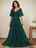 Vestido de gasa para madre de la novia, corte A, escote en V, largo hasta el suelo, con apliques de lentejuelas y encaje plisado