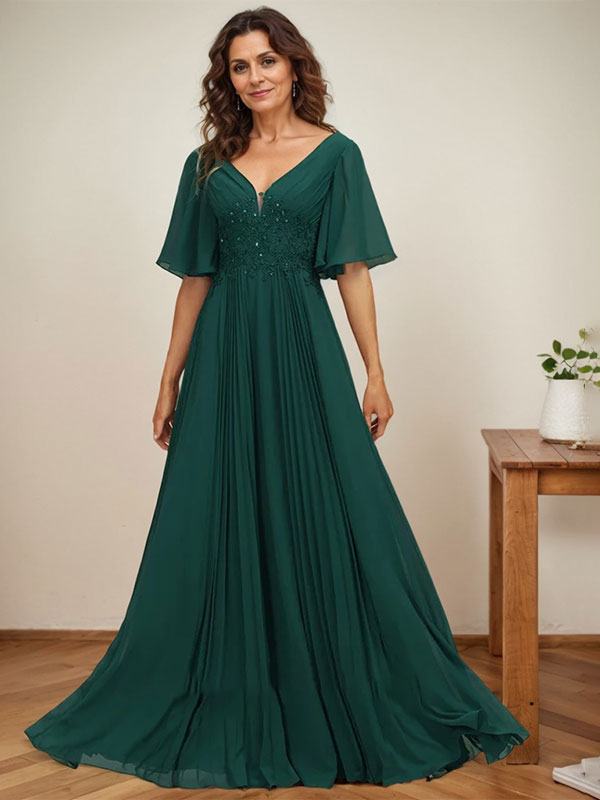 Vestido de gasa para madre de la novia, corte A, escote en V, largo hasta el suelo, con apliques de lentejuelas y encaje plisado