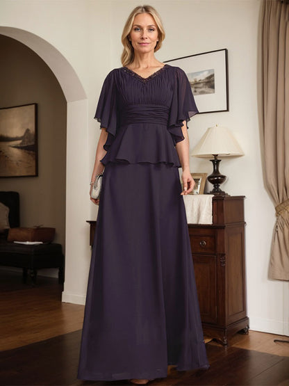 A-Linien-Kleid aus Chiffon mit V-Ausschnitt und bodenlangem Schnitt für die Brautmutter mit plissierten Perlen